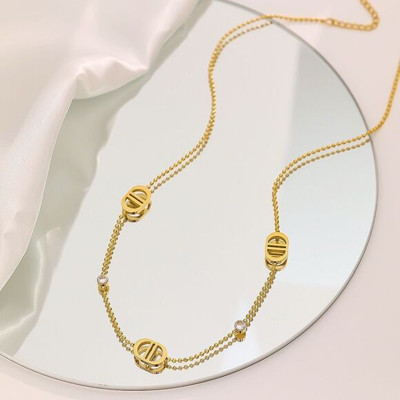 Gold Plated Designer Fashion CD Necklace with Crystal Accents - Picture 1 of 8